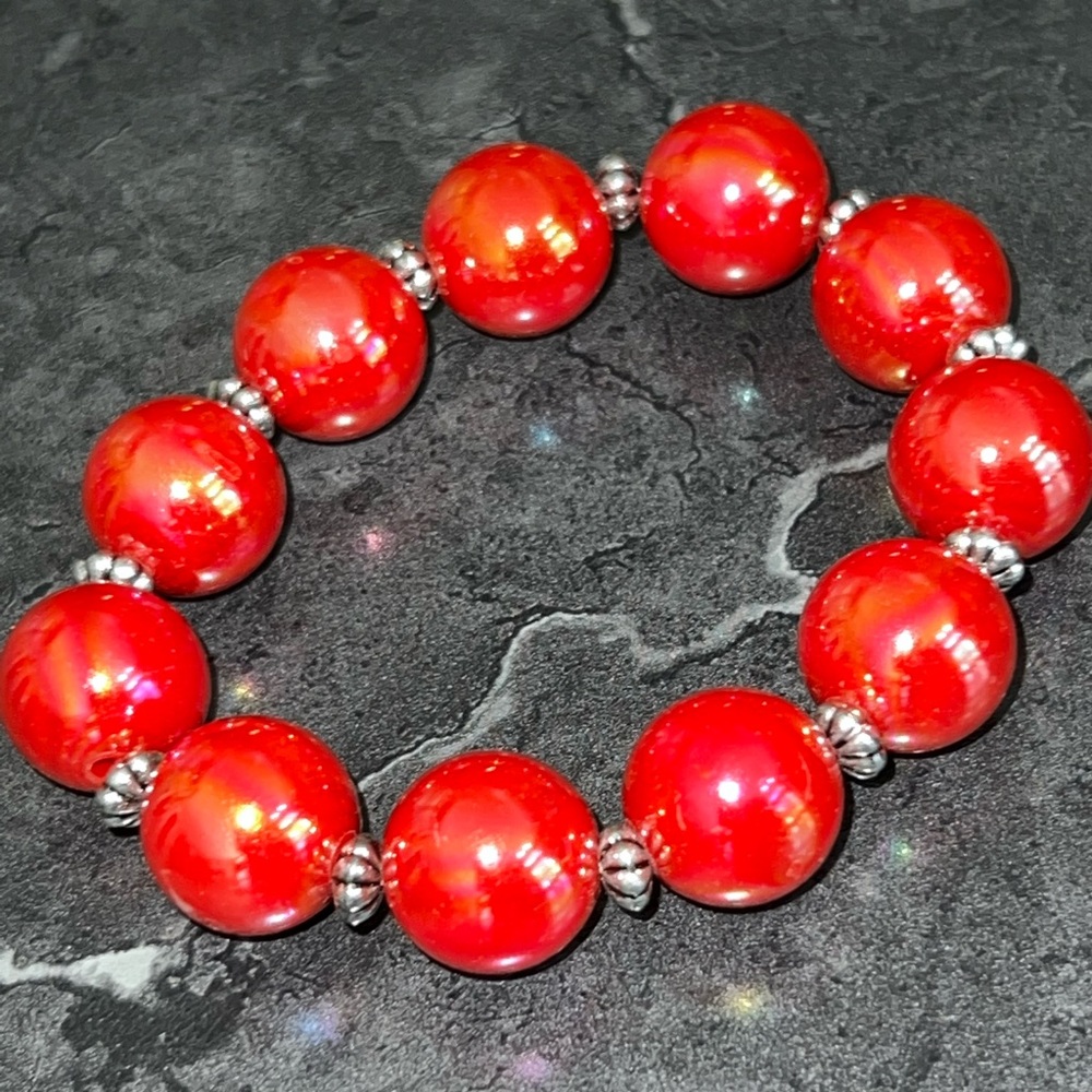 Red Bubble Stretchy Bracelet with silver accents